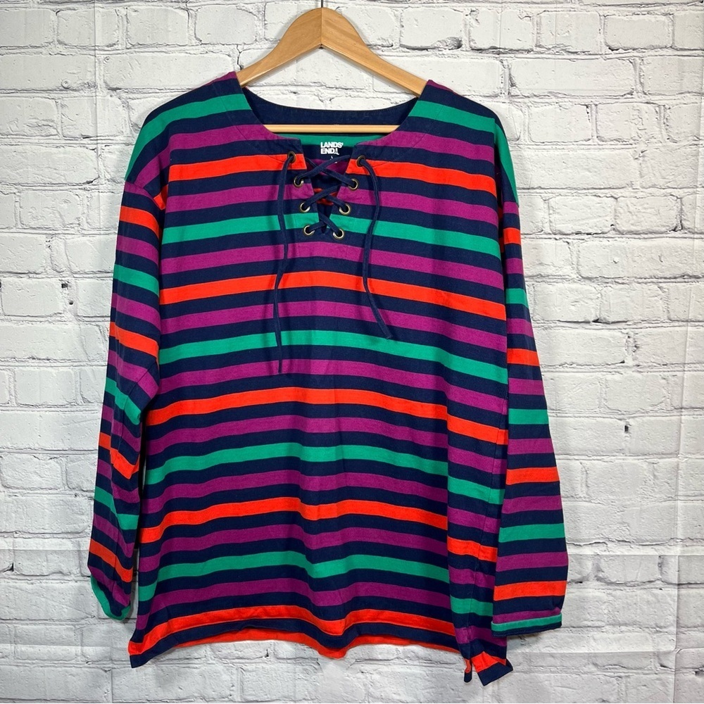 Lands End Heavyweight Jersey Striped Lace Front Tunic Womens Size Large Top